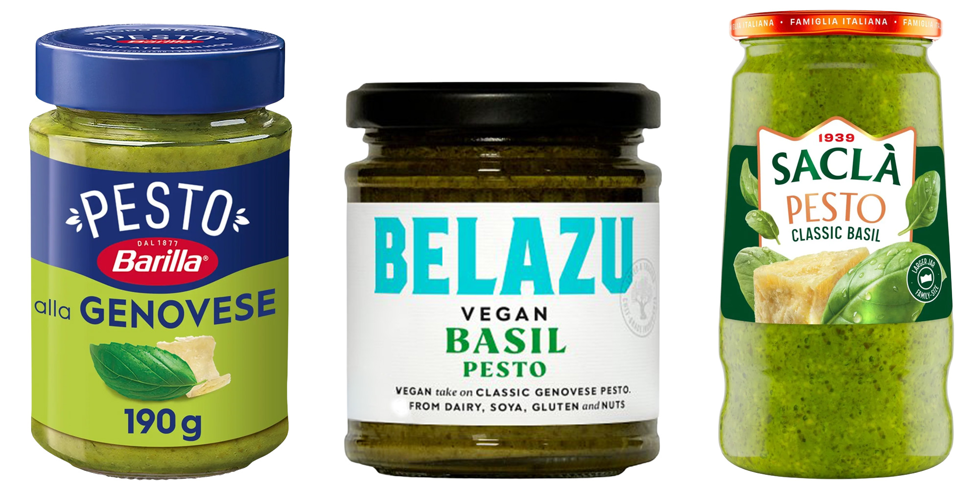 Product shots of three jarred pesto sauces.
