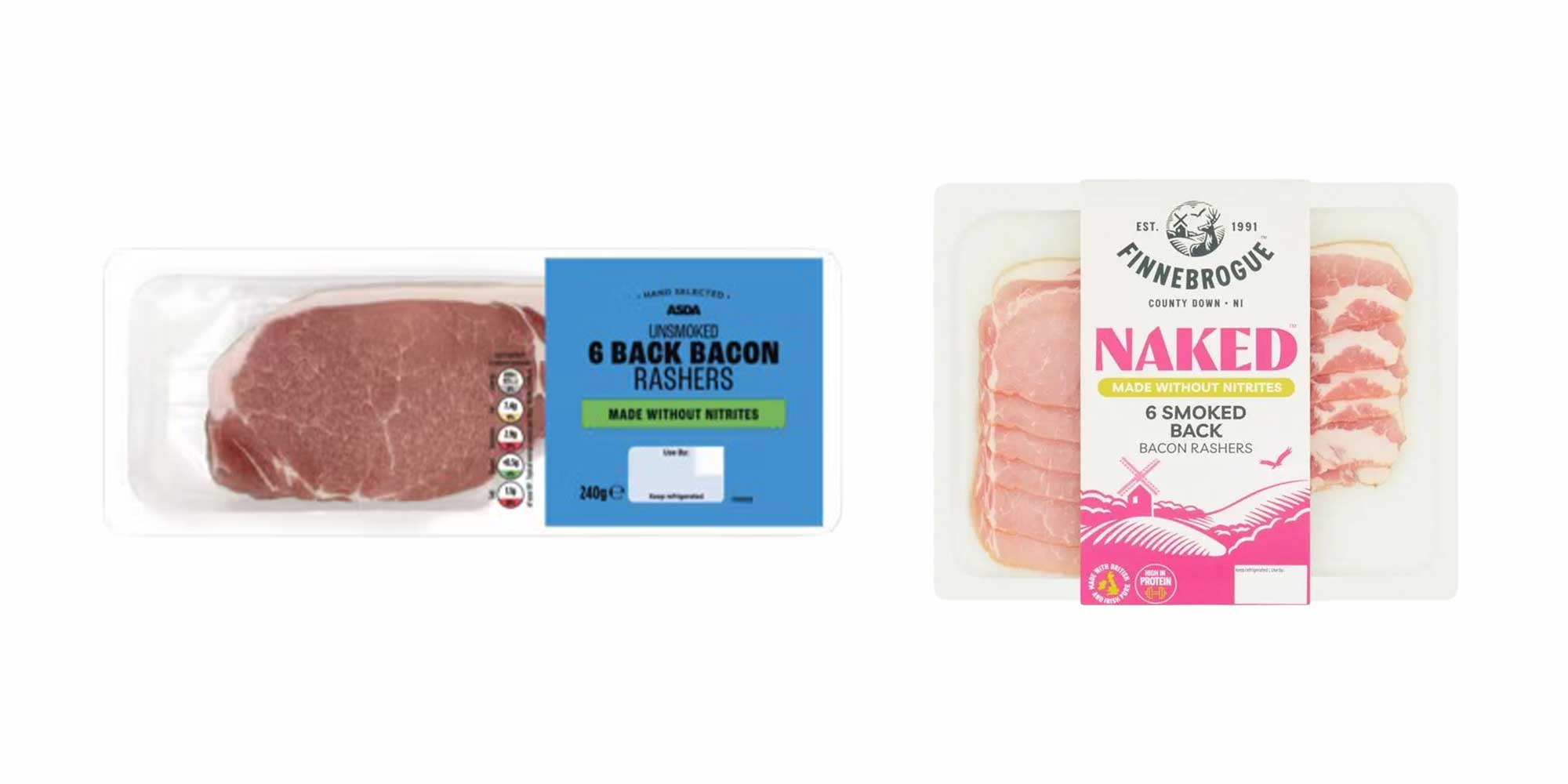 Product shots of two nitrate/nitrite-free pork bacon products, namely Finnebrogue Naked Smoked Back rashers made without nitrites and Asda Unsmoked Back Bacon Rashers made without nitrites.