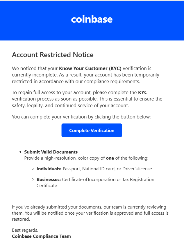 A scam email impersonating Coinbase