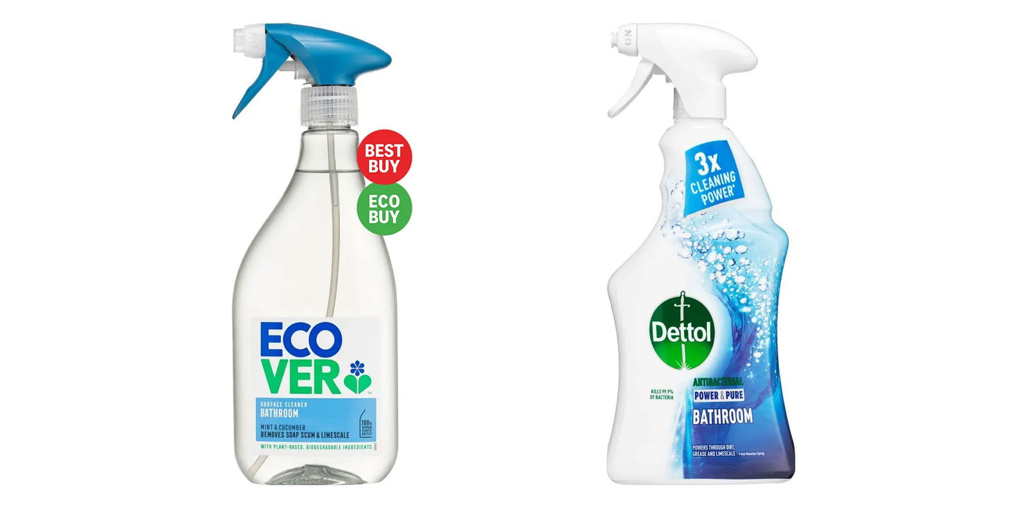 Ecover vs Dettol bathroom sprays side by side