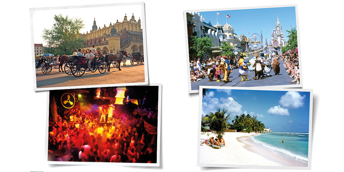 Krakow, Poland. Disney World, Florida. Ibiza nightclub. Barbados, Caribbean