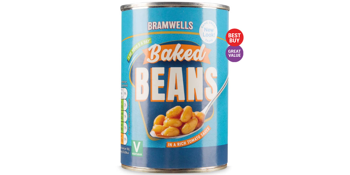 Aldi Bramwells baked beans with Best Buy and Great Value logo