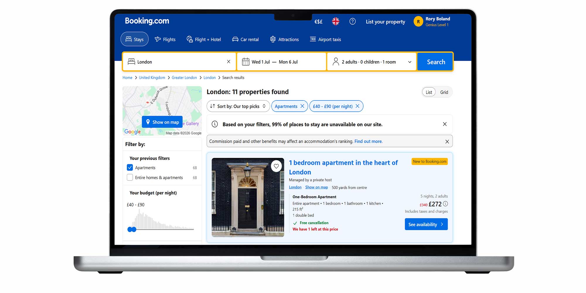 Booking.com listing for 10 Downing Street