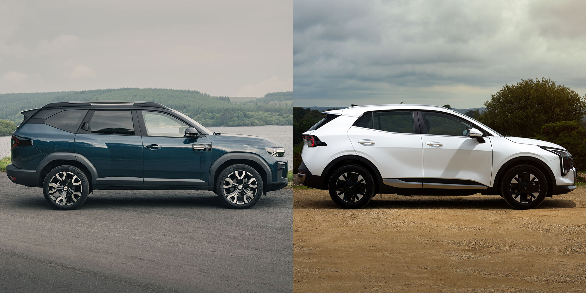 Side-on views of the Dacia Bigster and Kia Sportage Hybrid, side-by-side