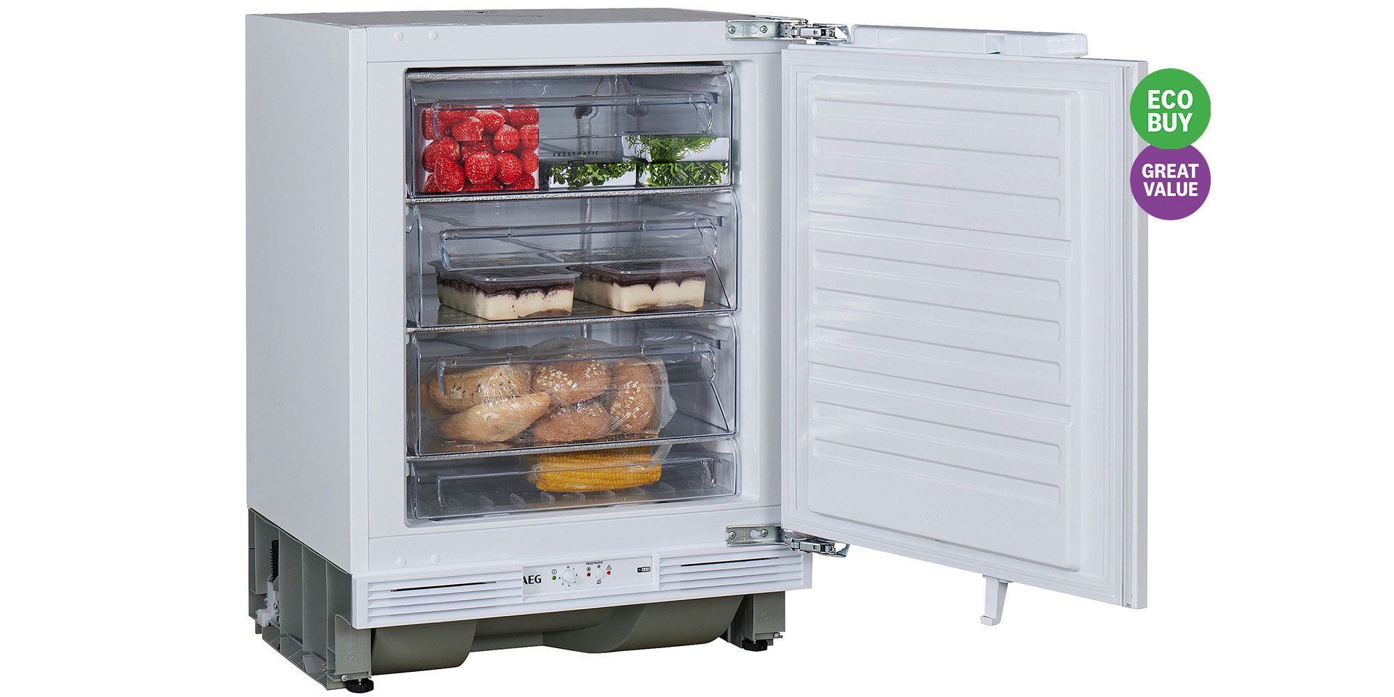 A white AEG built-in undercounter freezer with the door open, showcasing clear plastic drawers filled with frozen food items like berries, corn on the cob and bread.