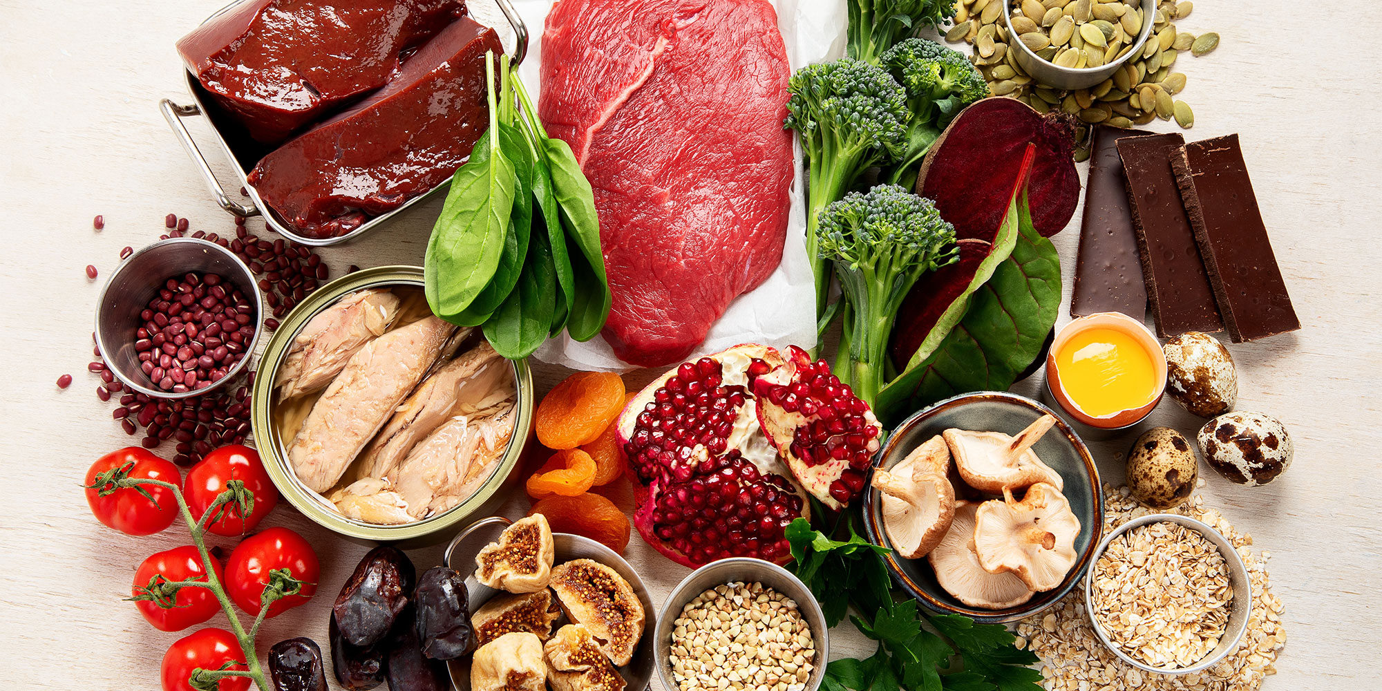Iron-rich foods including red meat, pulses and dark green vegetables