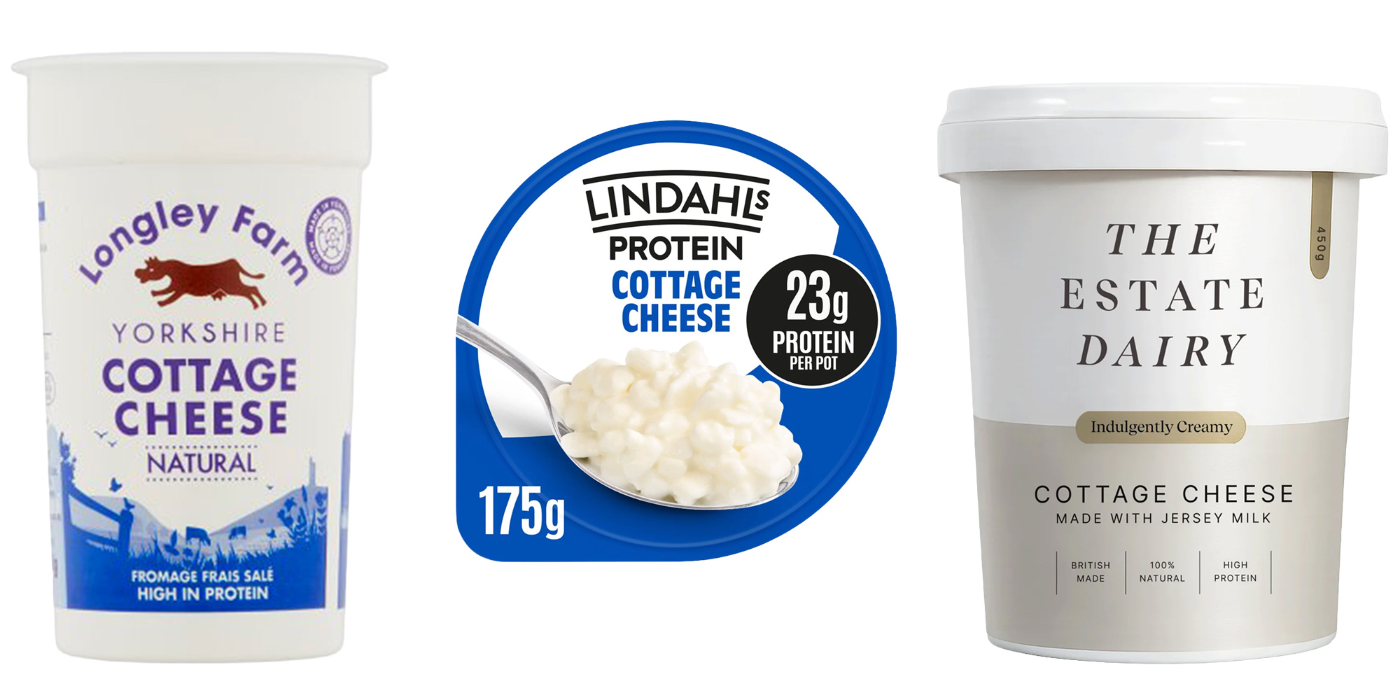Product shots of three cottage cheese pots.