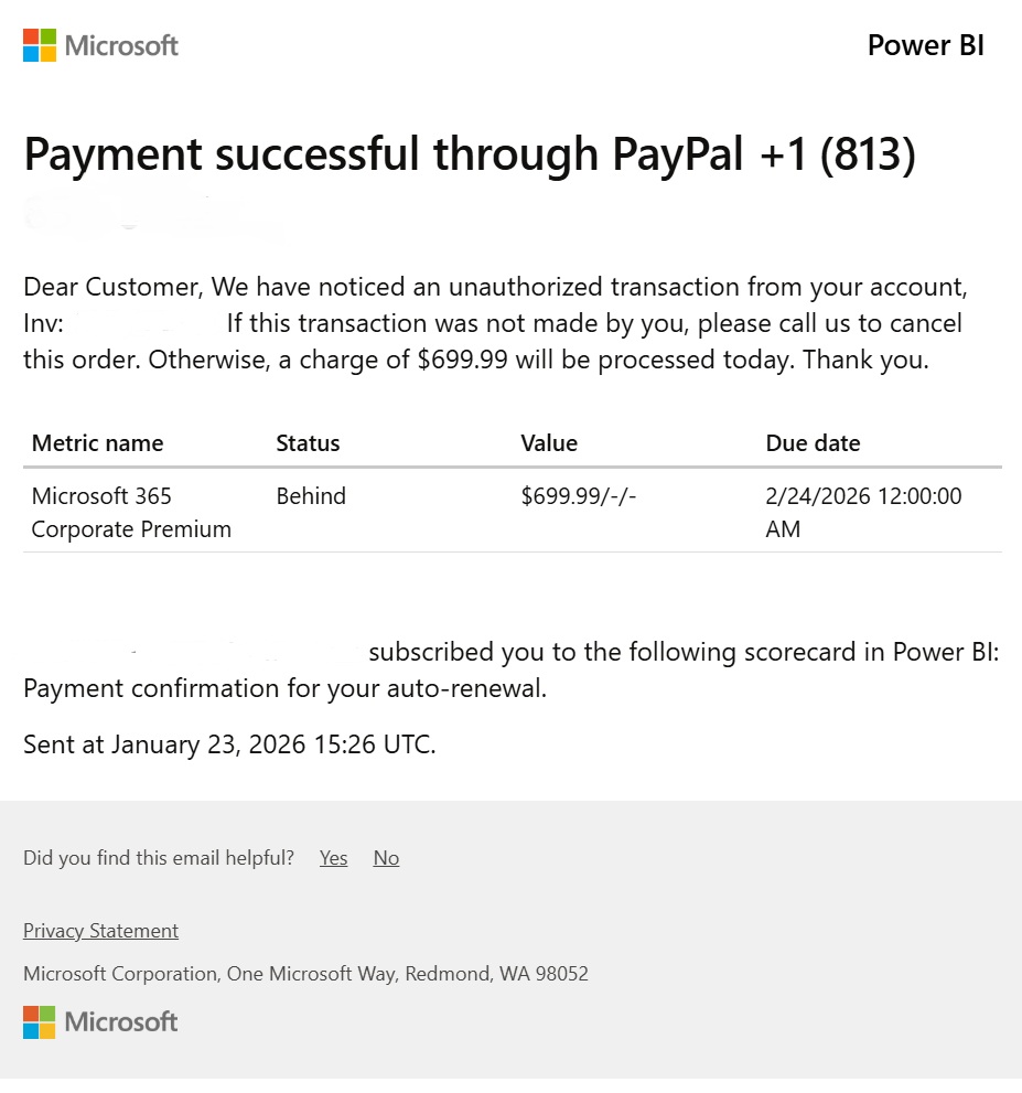 A scam email impersonating Mircosoft
