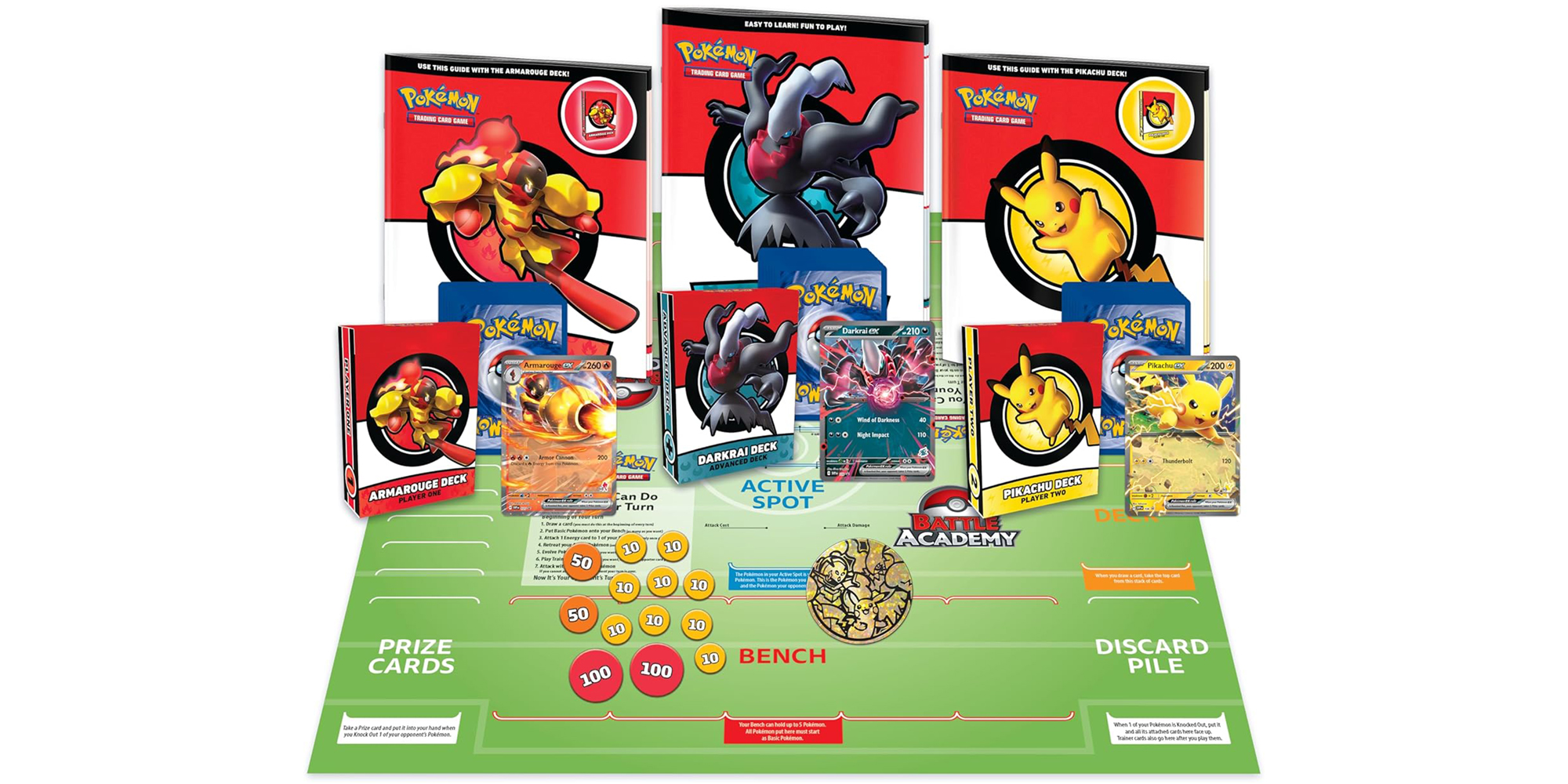 Pokémon Battle Academy game board with assorted cards and decks, featuring characters like Pikachu and Darkrai.