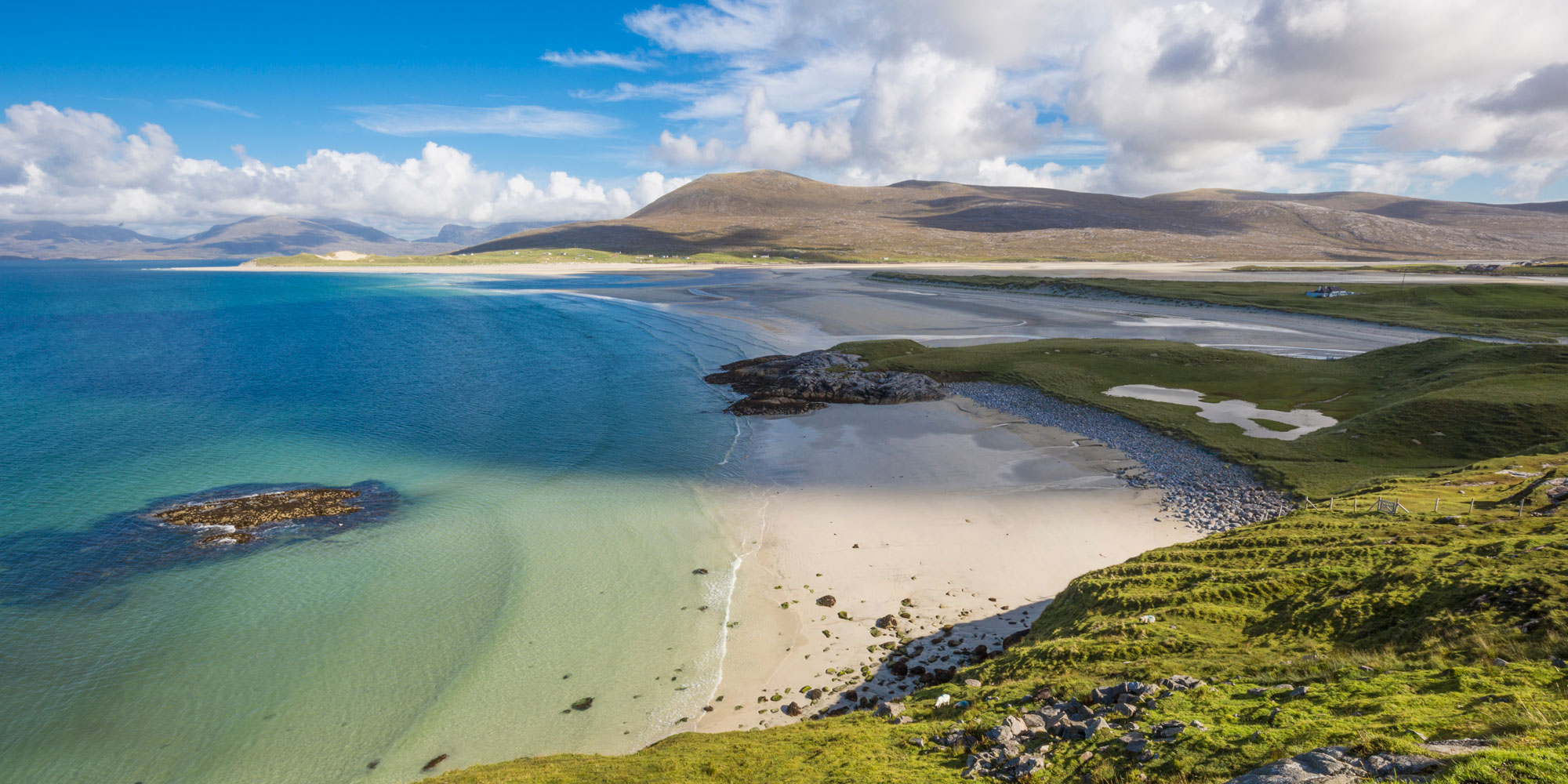 Aerial view of a coastal landscape in Harris with a sandy beach, clear blue sea, and distant mountains under a partly cloudy sky.