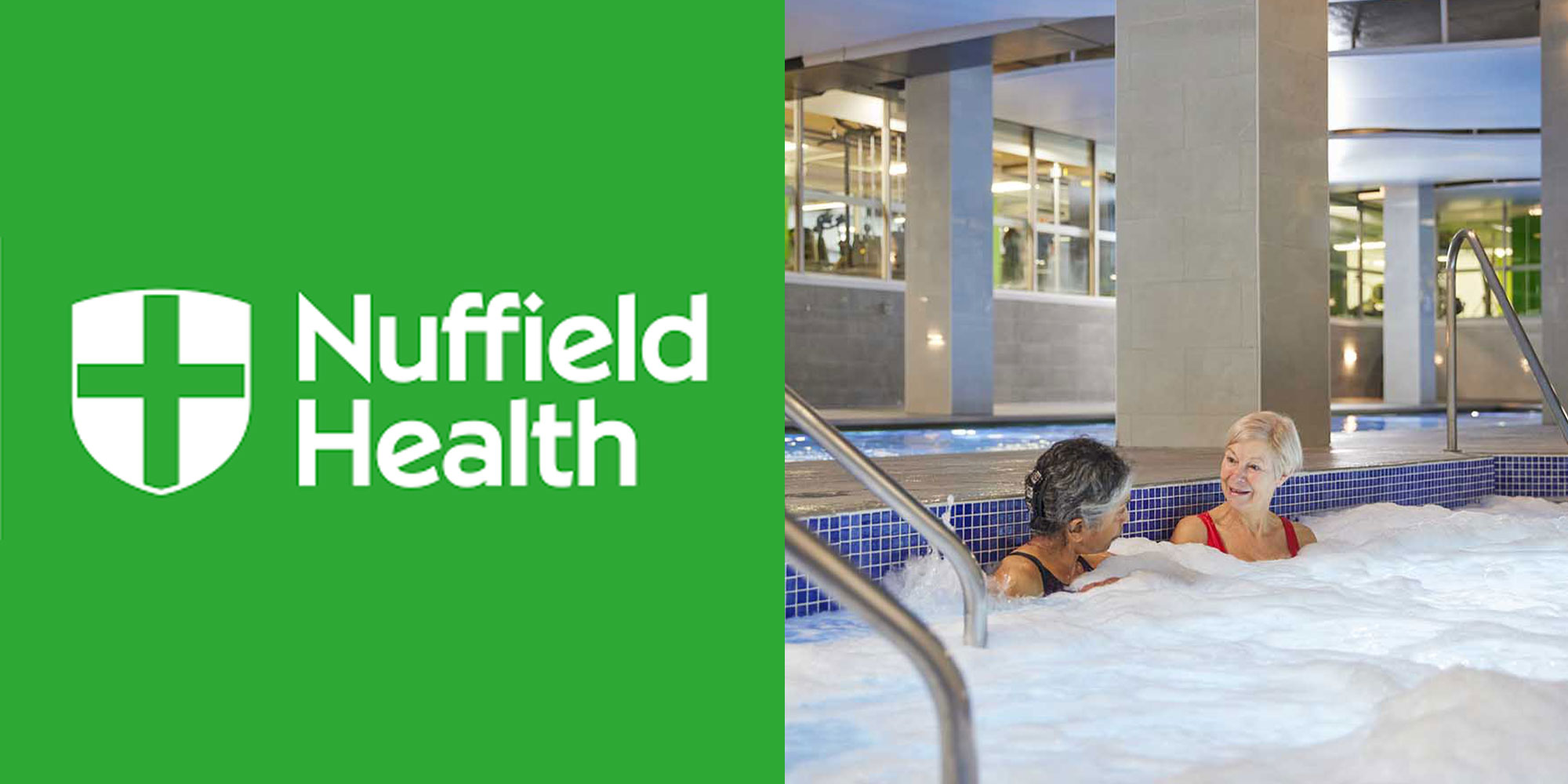 Nuffield health gym review with logo and two women in jacuzzi pool 