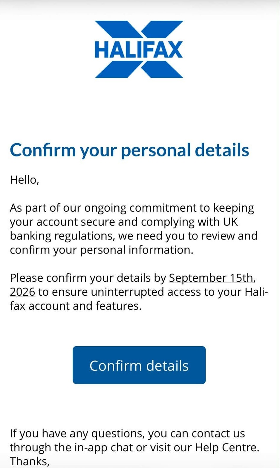 A scam email impersonating Halifax