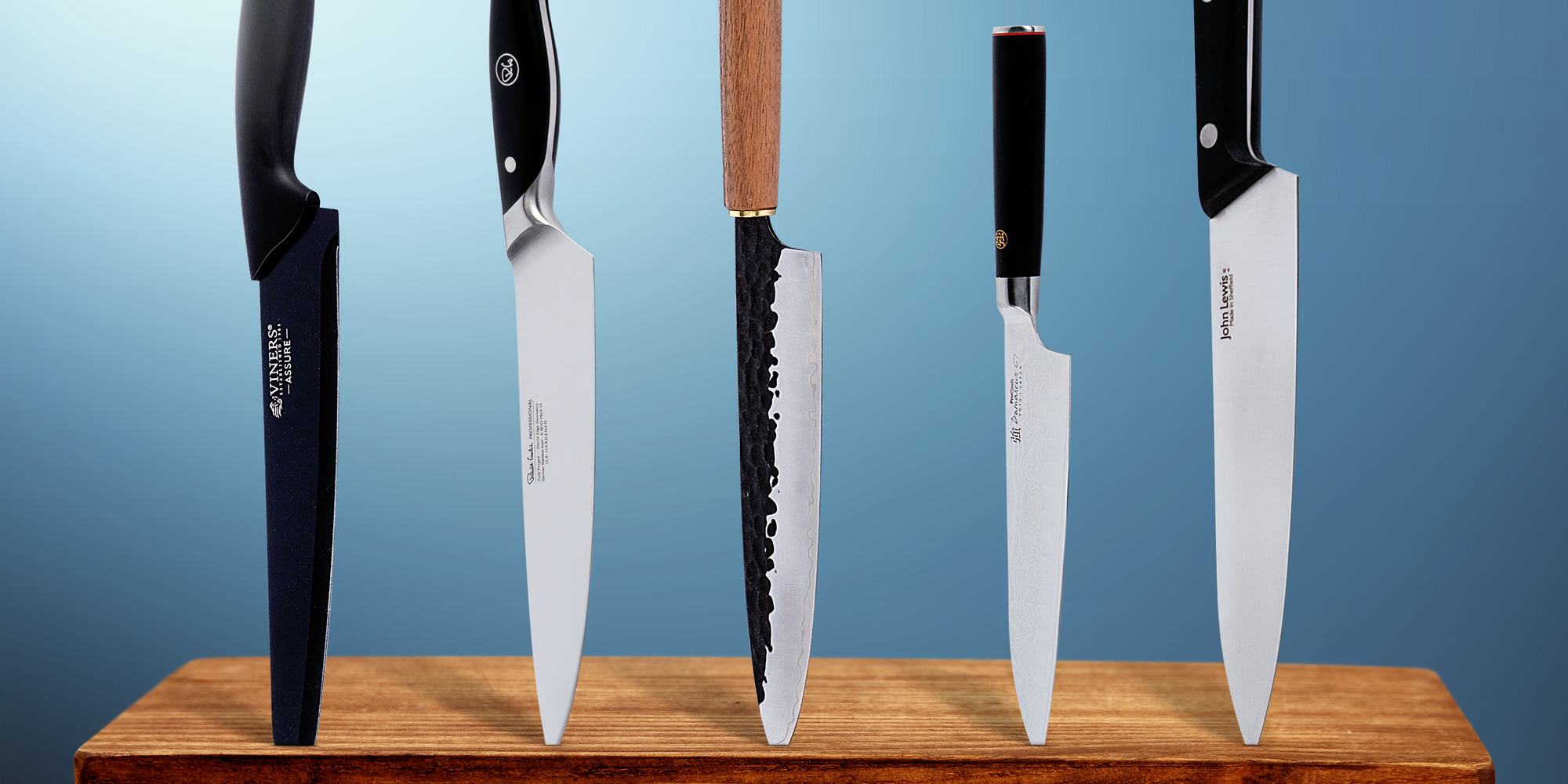Line up image showing a range of chef knives