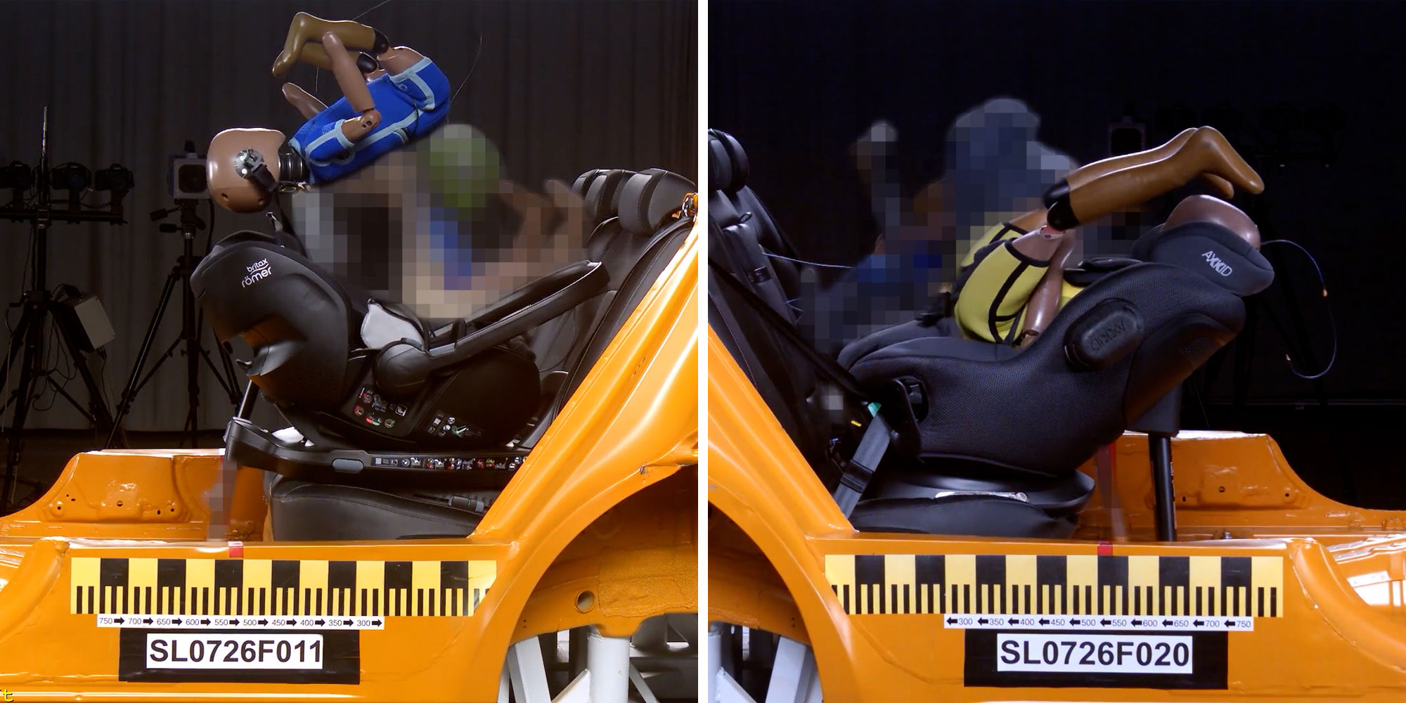 Child car seat crash test showing the Britax Römer Baby-Safe Pro + Vario Base 5Z and Axkid Minikid Core