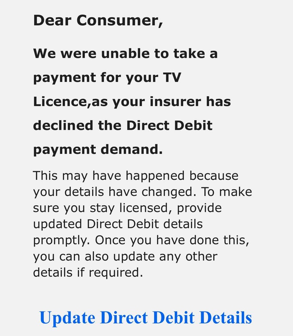 A scam email impersonating TV Licensing