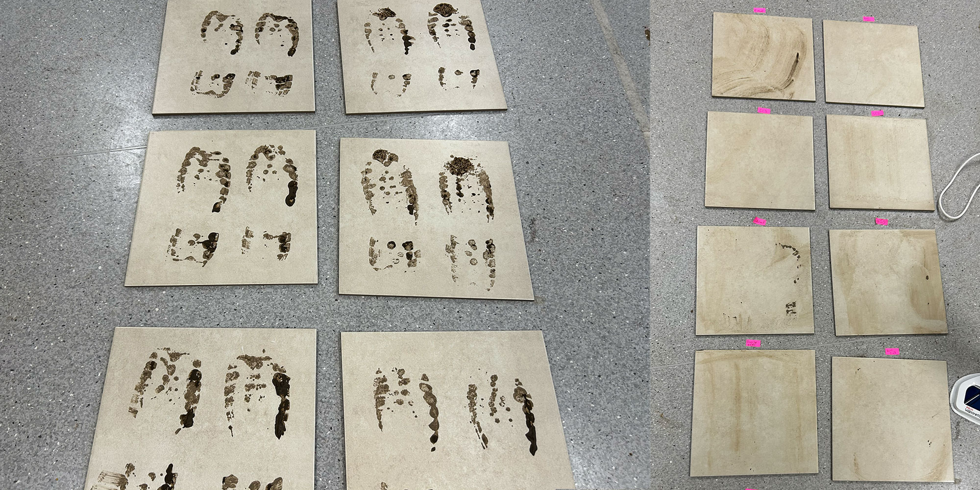 Ceramic tiles with muddy boot prints, which were then cleaned with the steam cleaners.