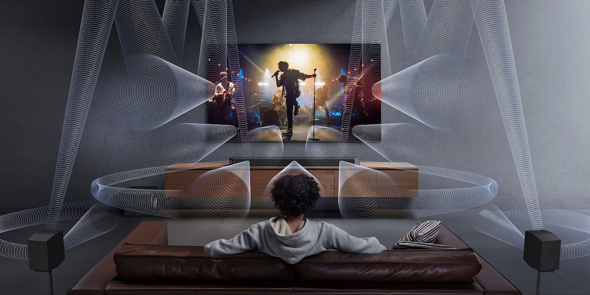 TV showing cones of sound to simulate directional sound