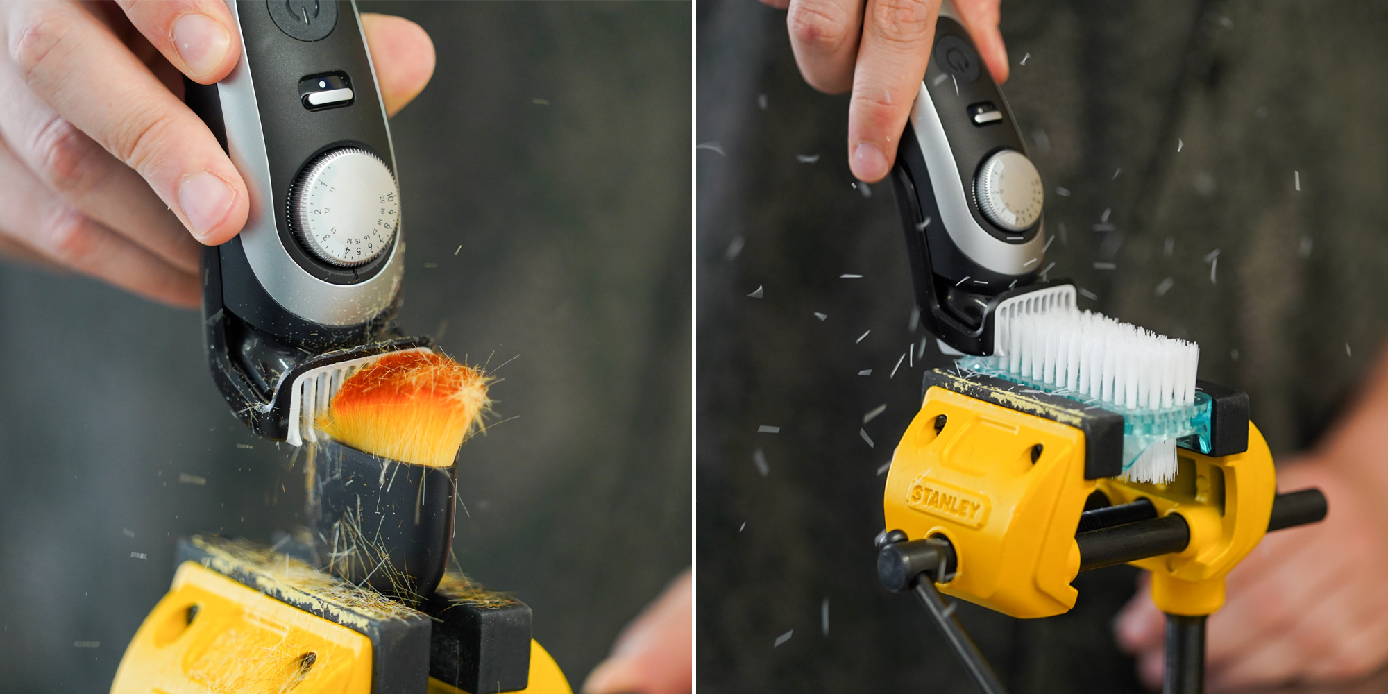 Left: black beard trimmer cutting make up brush, Right: same trimmer cutting nail brush