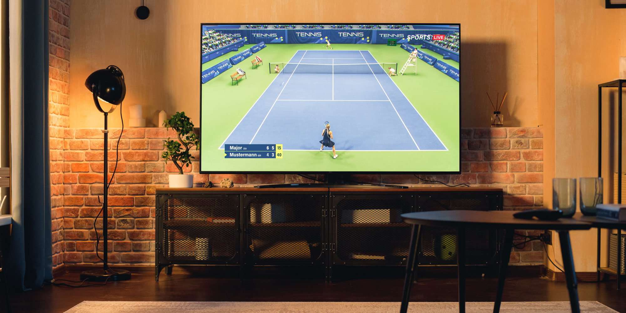 TV in a living room displaying a tennis match