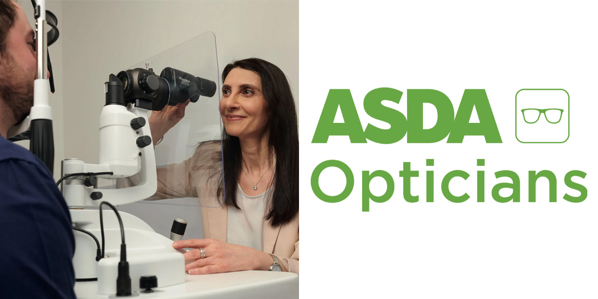 Optician conducting an eye exam alongside Asda opticians logo