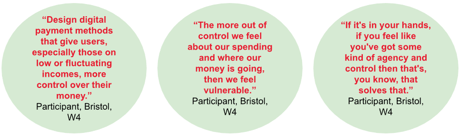 “Design digital payment methods that give users, especially those on low or fluctuating incomes, more control over their money.”
Participant, Bristol, W4
“The more out of control we feel about our spending and where our money is going, then we feel vulnerable.” Participant, Bristol, W4
“If it's in your hands, if you feel like you've got some kind of agency and control then that's, you know, that solves that.” Participant, Bristol, W4