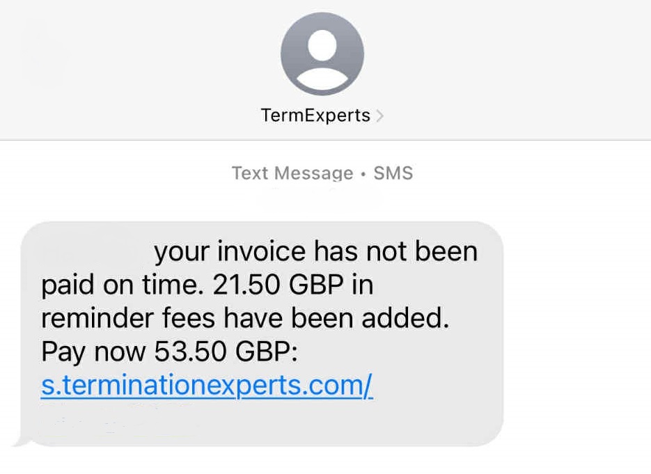 A text message Clara was sent from Termination Experts