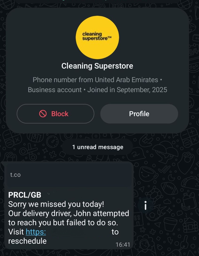A delivery scam sent from a compromised WhatsApp business account