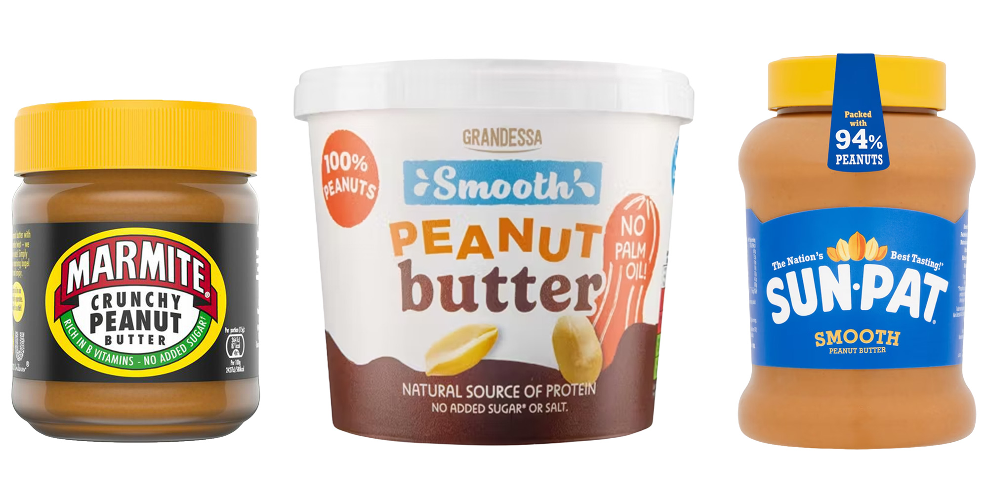 Pack shots of three peanut butter brands.