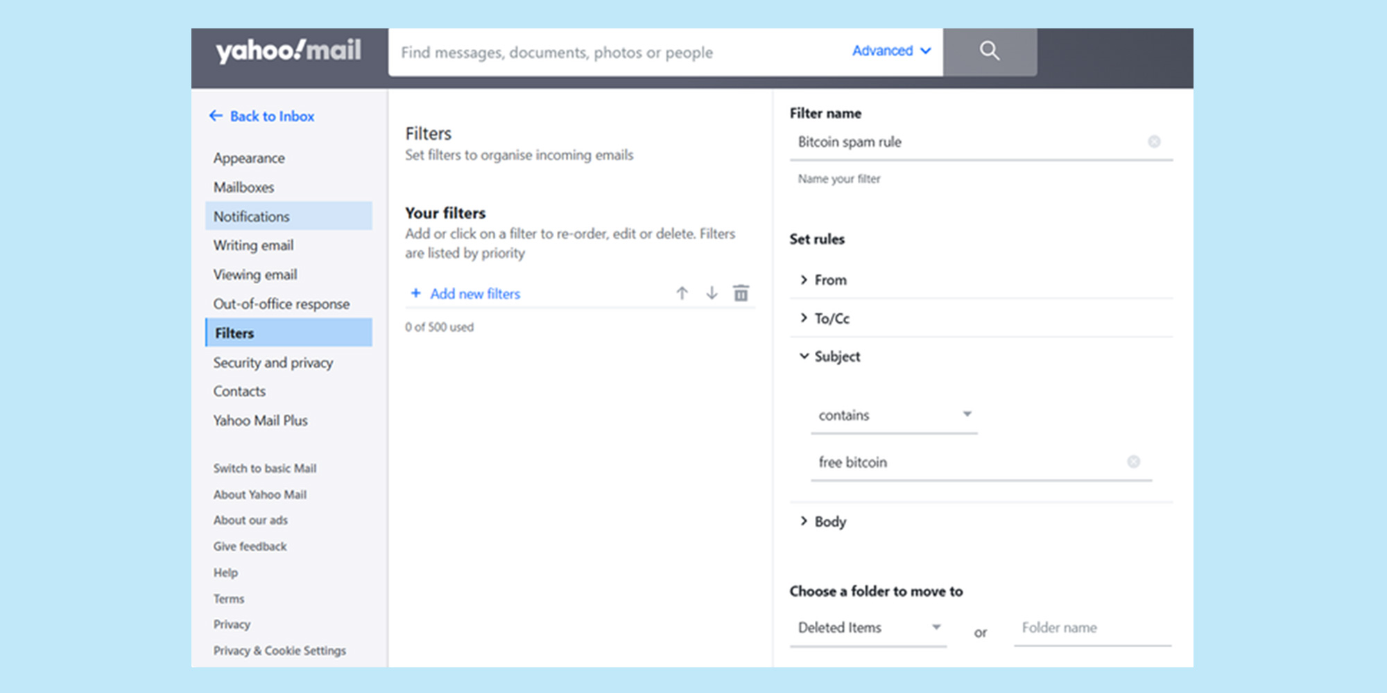 Yahoo filter settings
