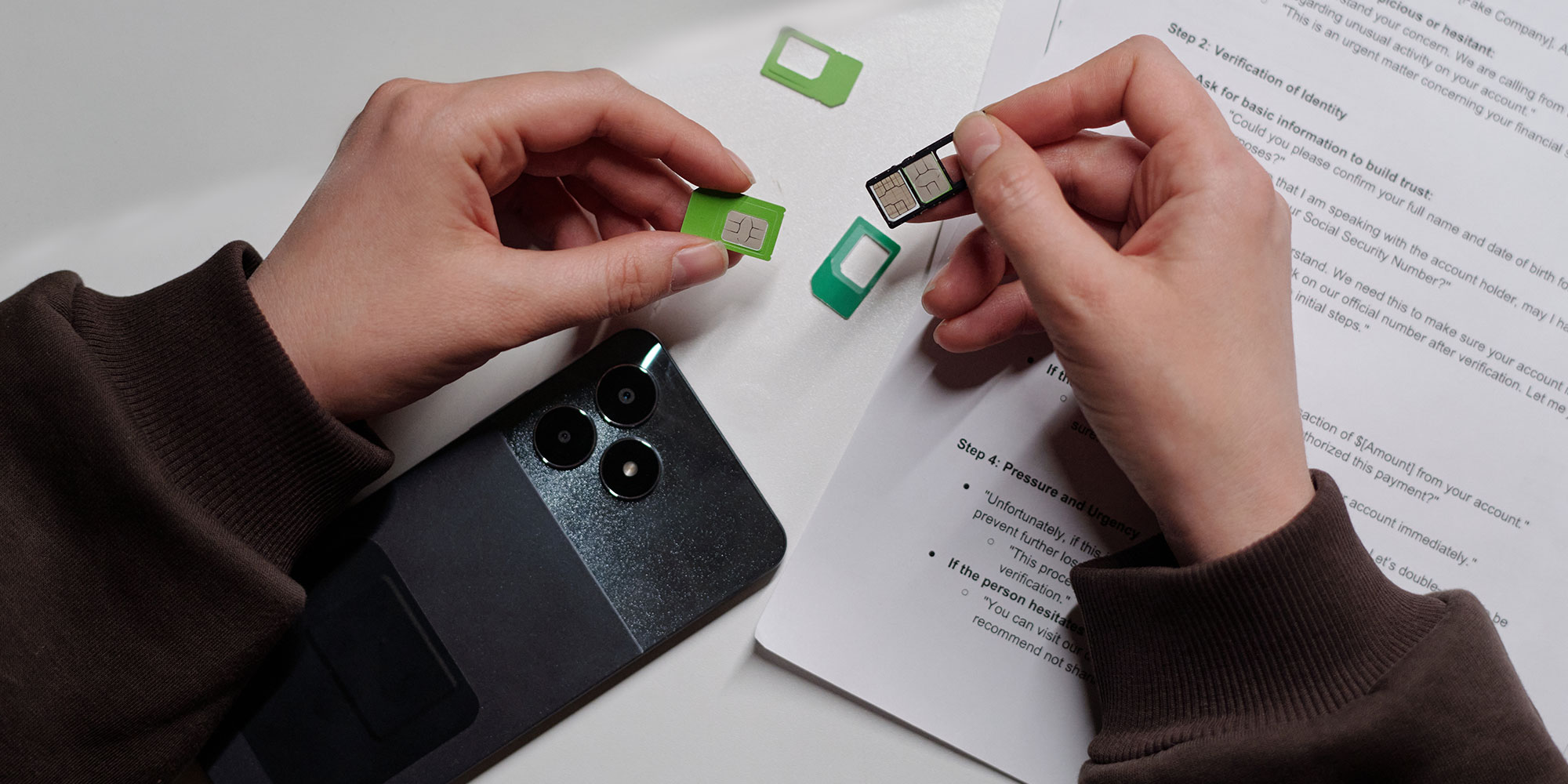 Someone holding two SIM cards over a phone