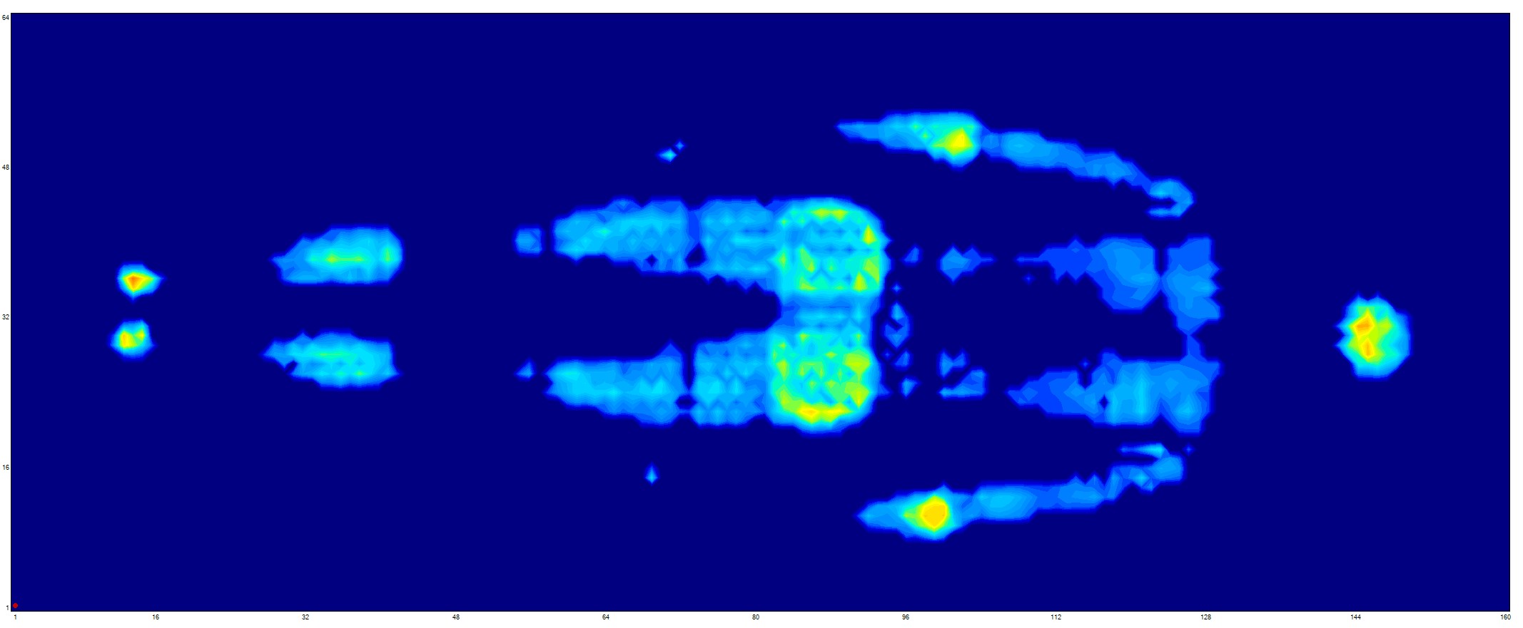 Pressure mat showing a human figure with varying intensity of blue and yellow colors, indicating different levels of pressure.