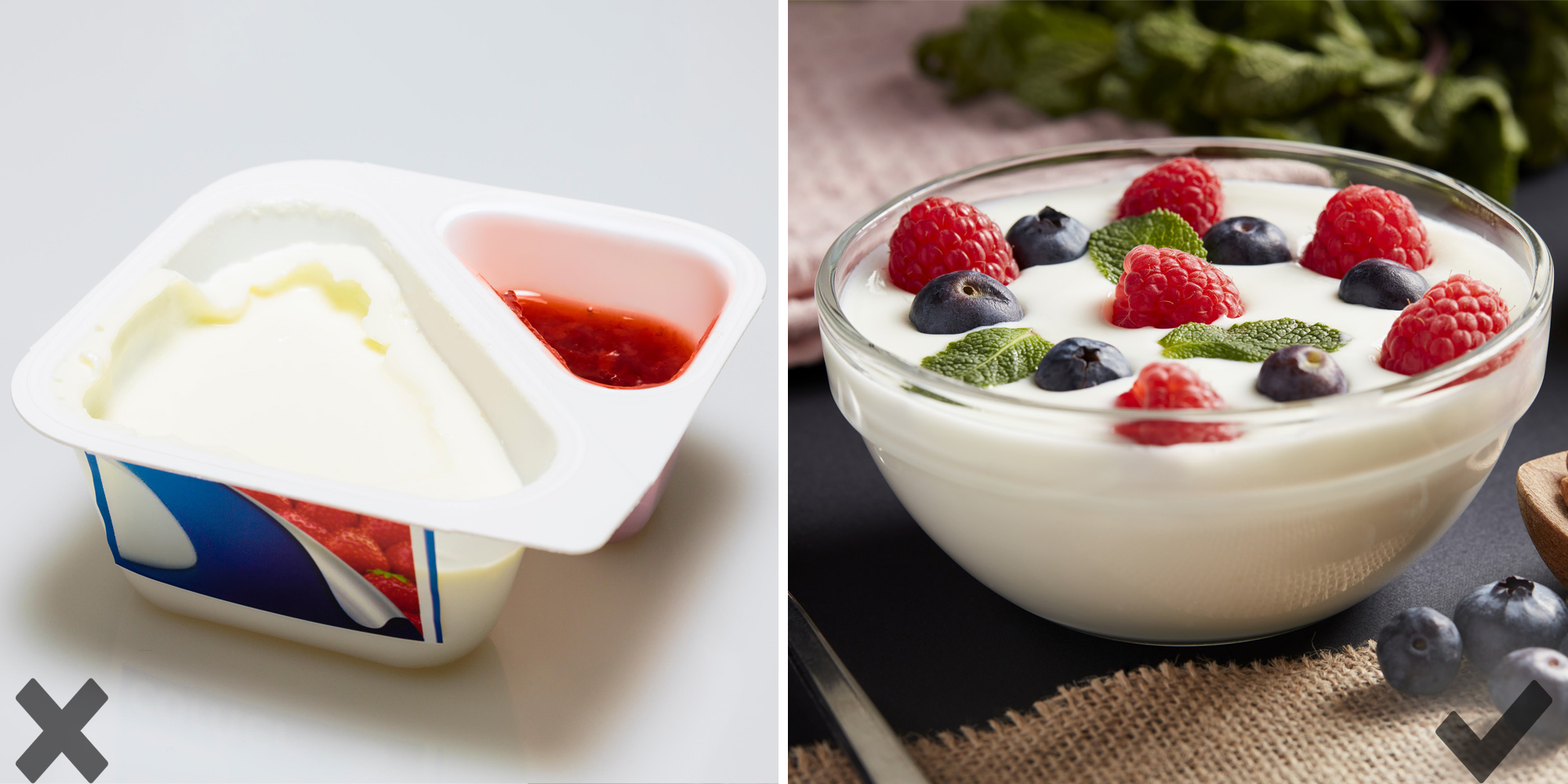 A sugary fruit yoghurt vs a plain yoghurt with fresh berries