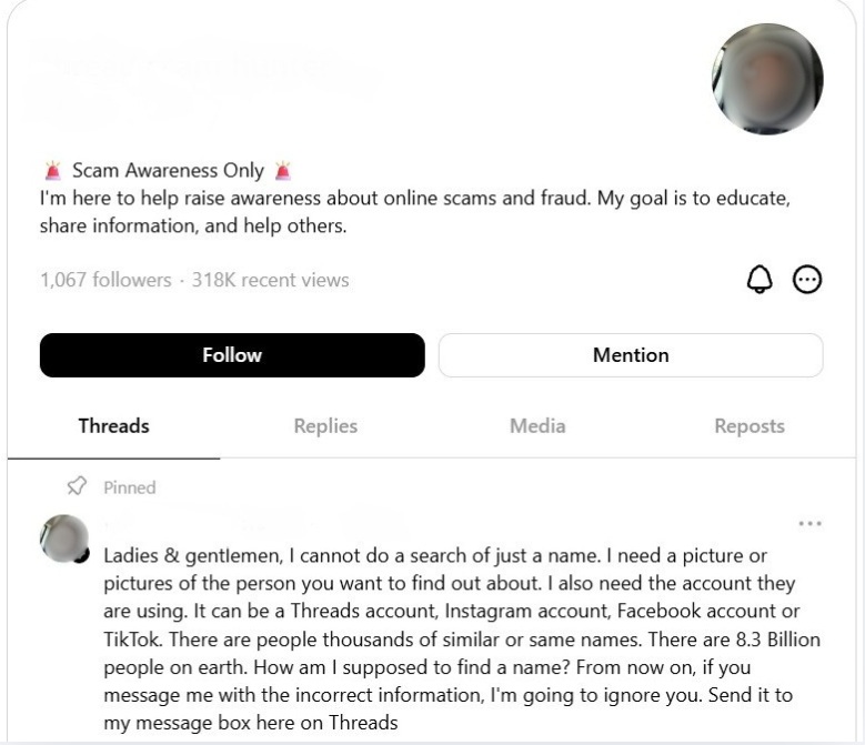 A suspicious account on Threads offering help with tracking down scammers to scam victims