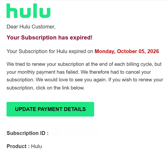 A scam email claiming to be from streaming platform Hulu