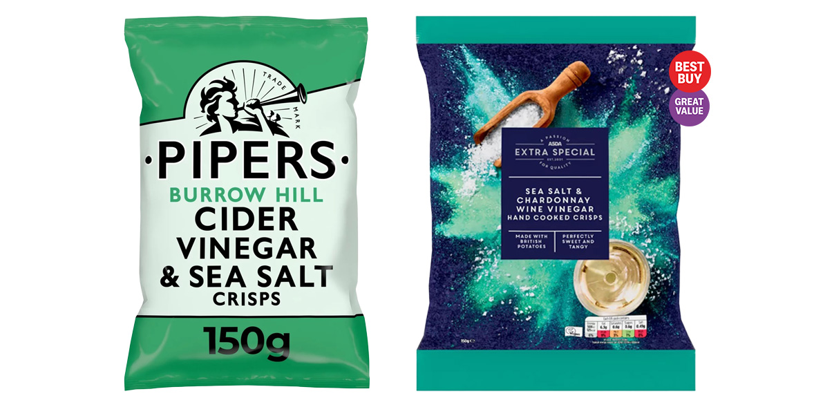Pipers Burrow Hill Cider Vinegar & Sea Salt Crisps and Asda Extra Special Sea Salt & Chardonnay Wine Vinegar Hand Cooked Crisps