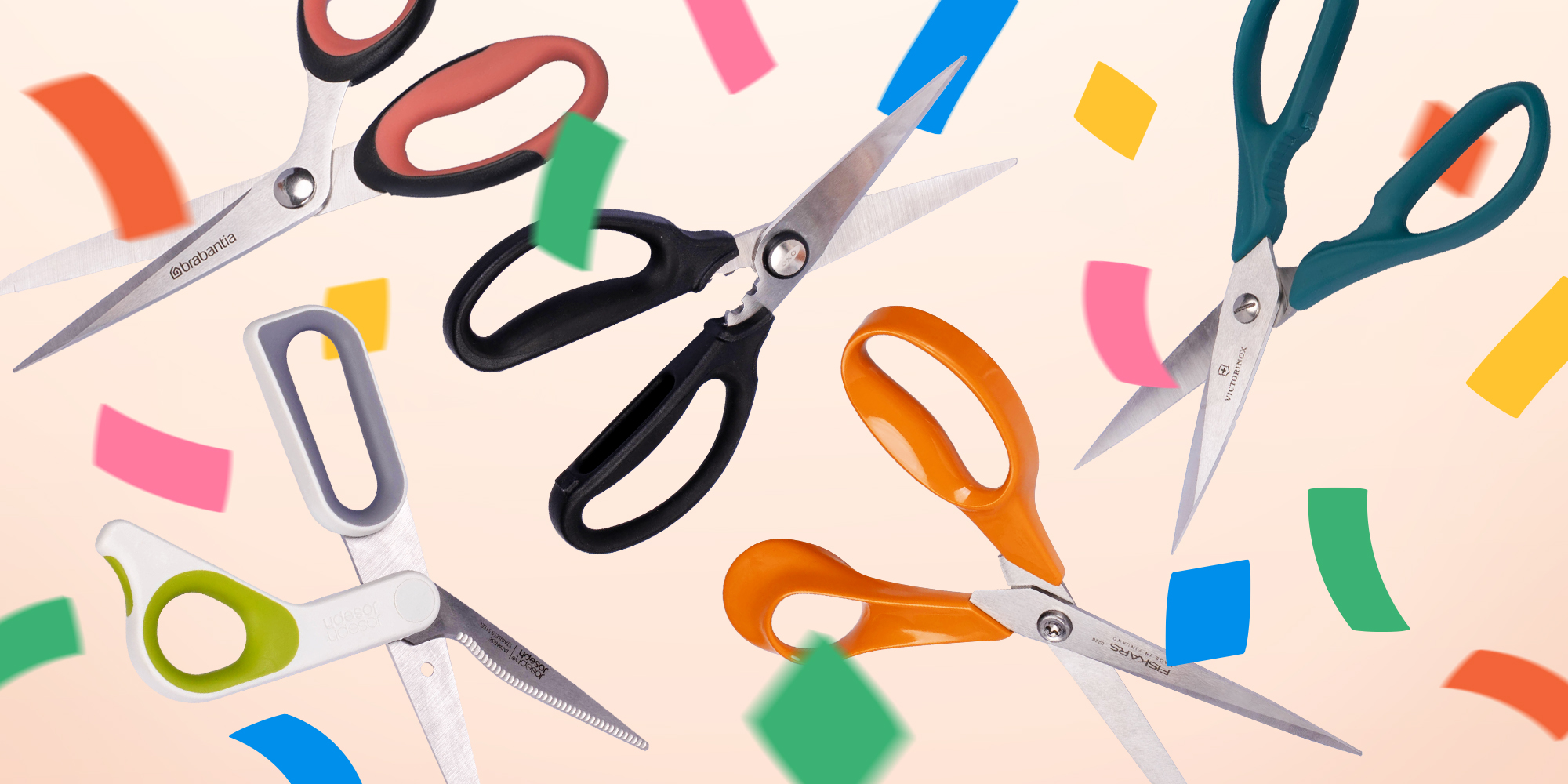 Line up image including various pairs of kitchen scissors