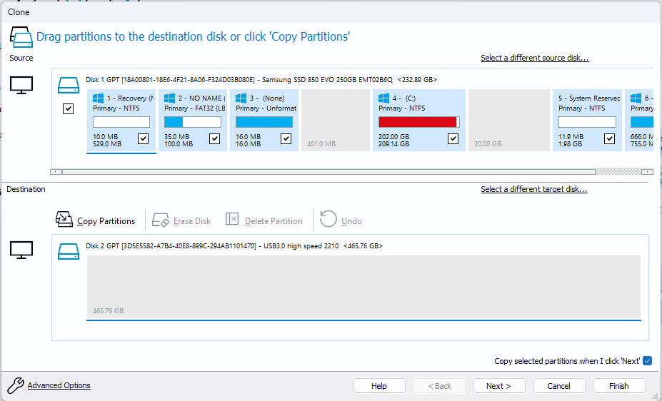 Copy partitions menu