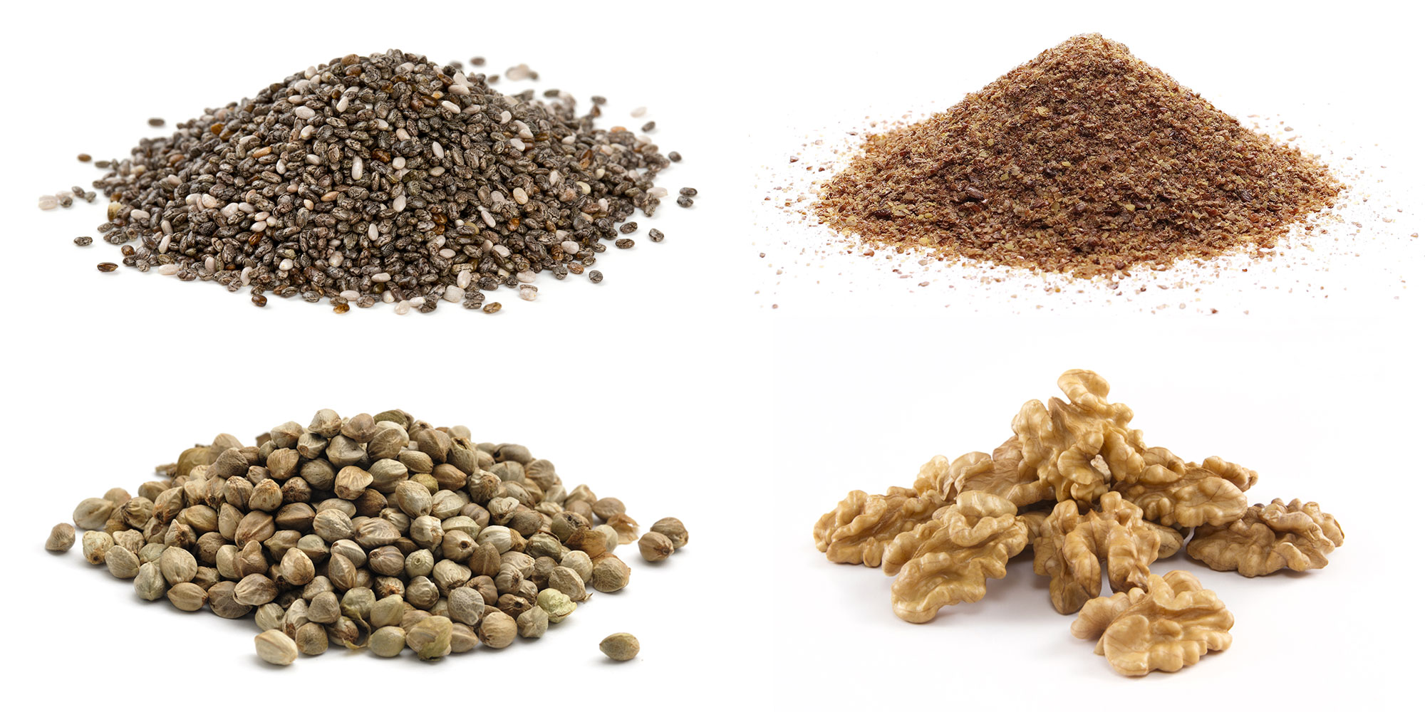 Chia seeds, linseeds, hemp seeds, and walnuts