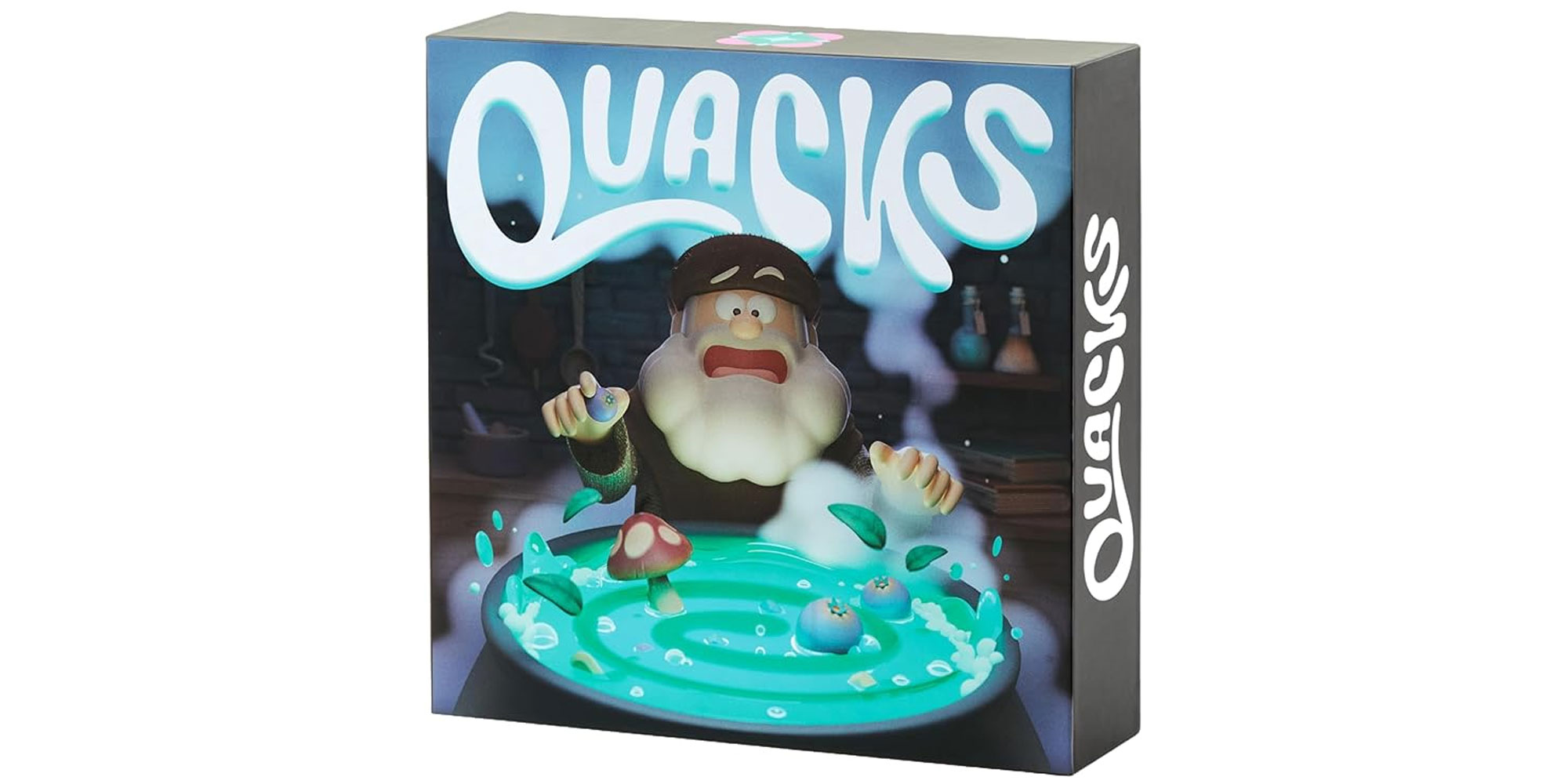 Quacks board game box that features a wizard and cauldron.