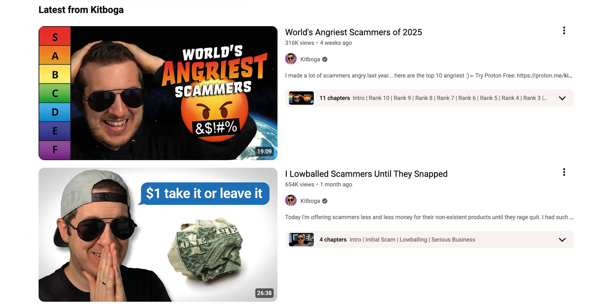 A screenshot of Kitboga's latest videos on YouTube.