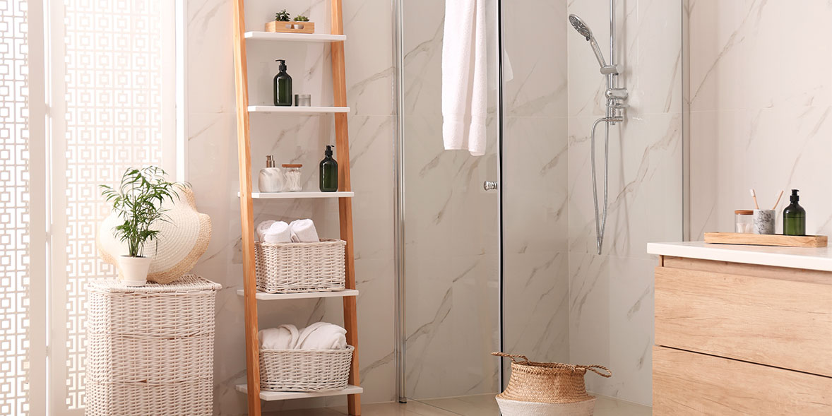 bathroom with lots of storage and a ladder shelf