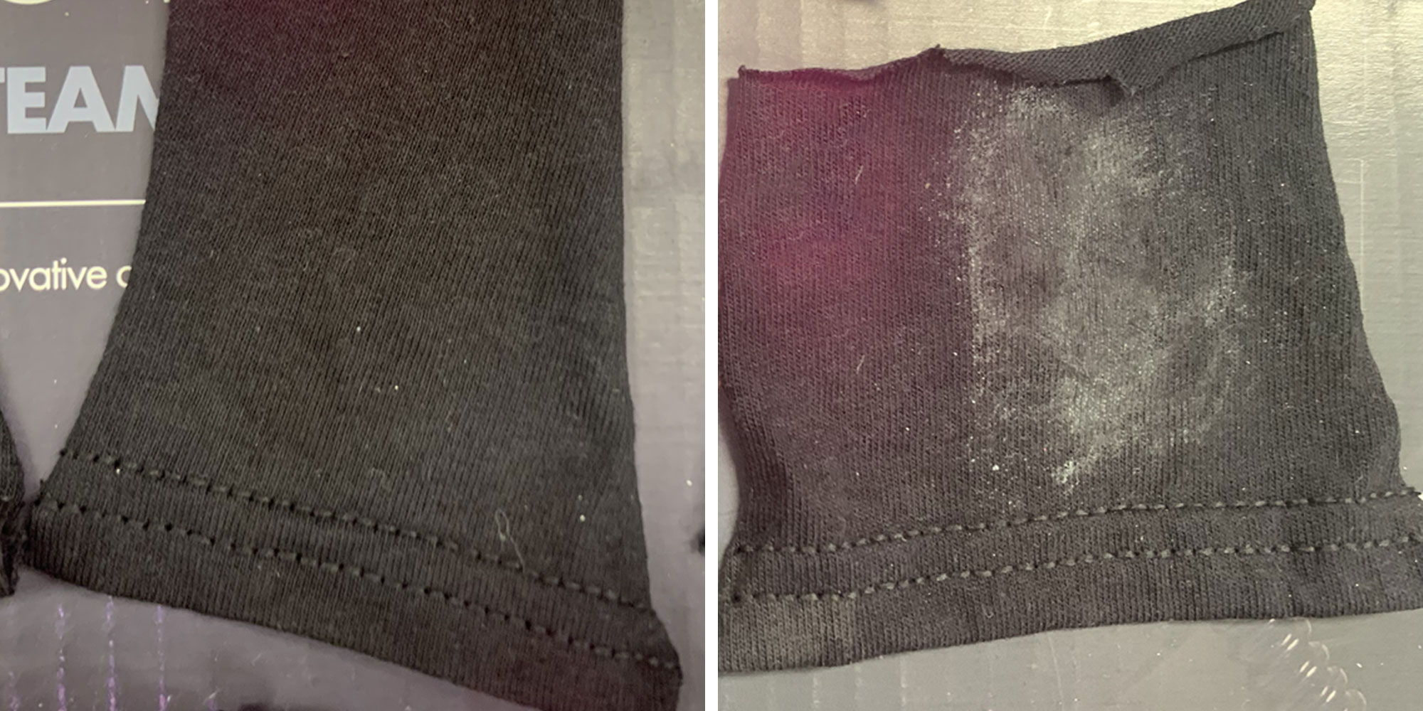 Left black cotton with no white marks. Right black cotton with white marks