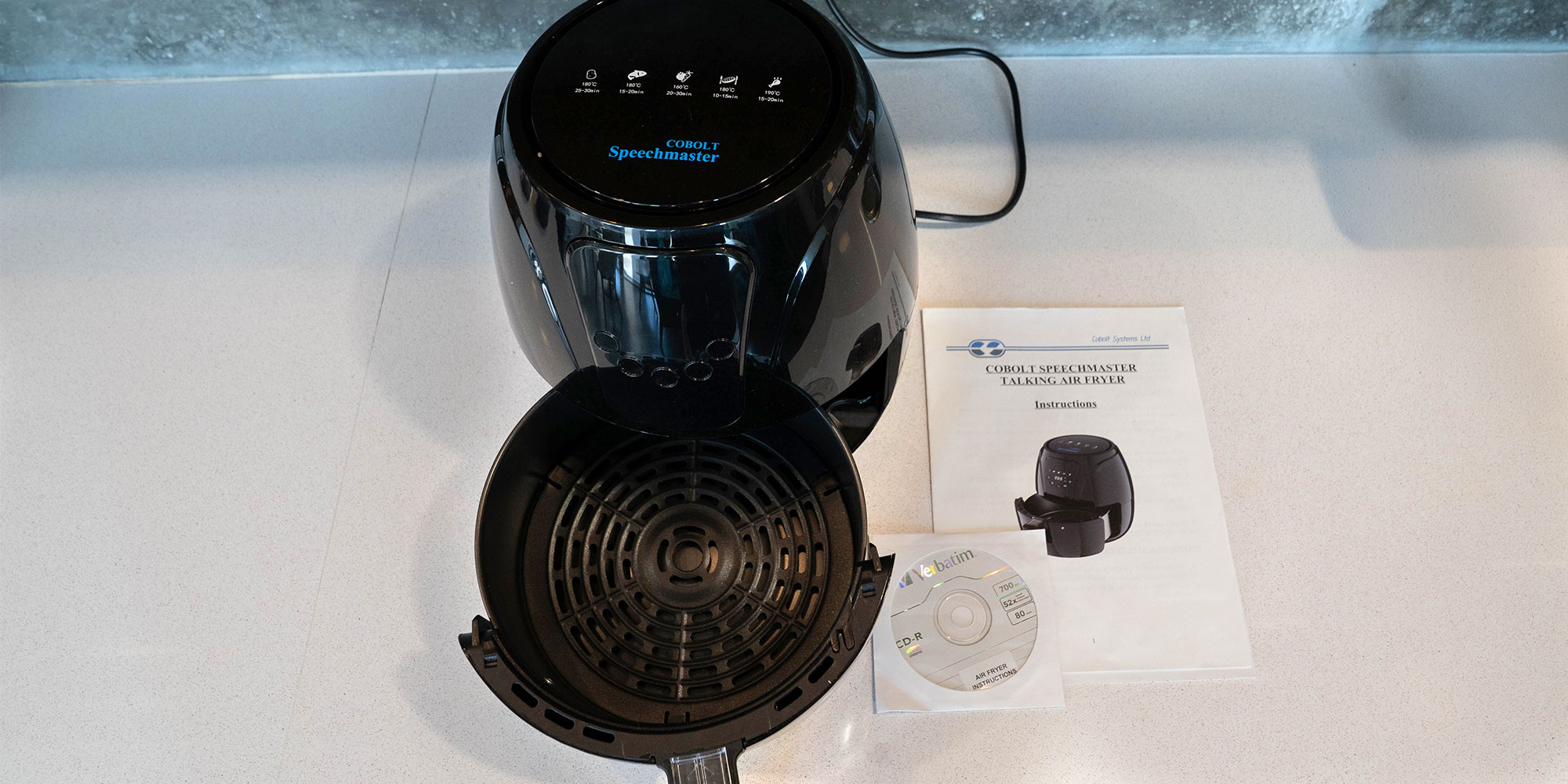 The contents of the Cobalt Talking Air Fryer box