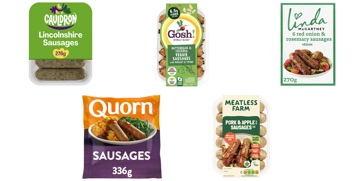 Five packs of veggie sausages: Cauldron, Gosh, Linda McCartney, Quorn, Meatless Farm