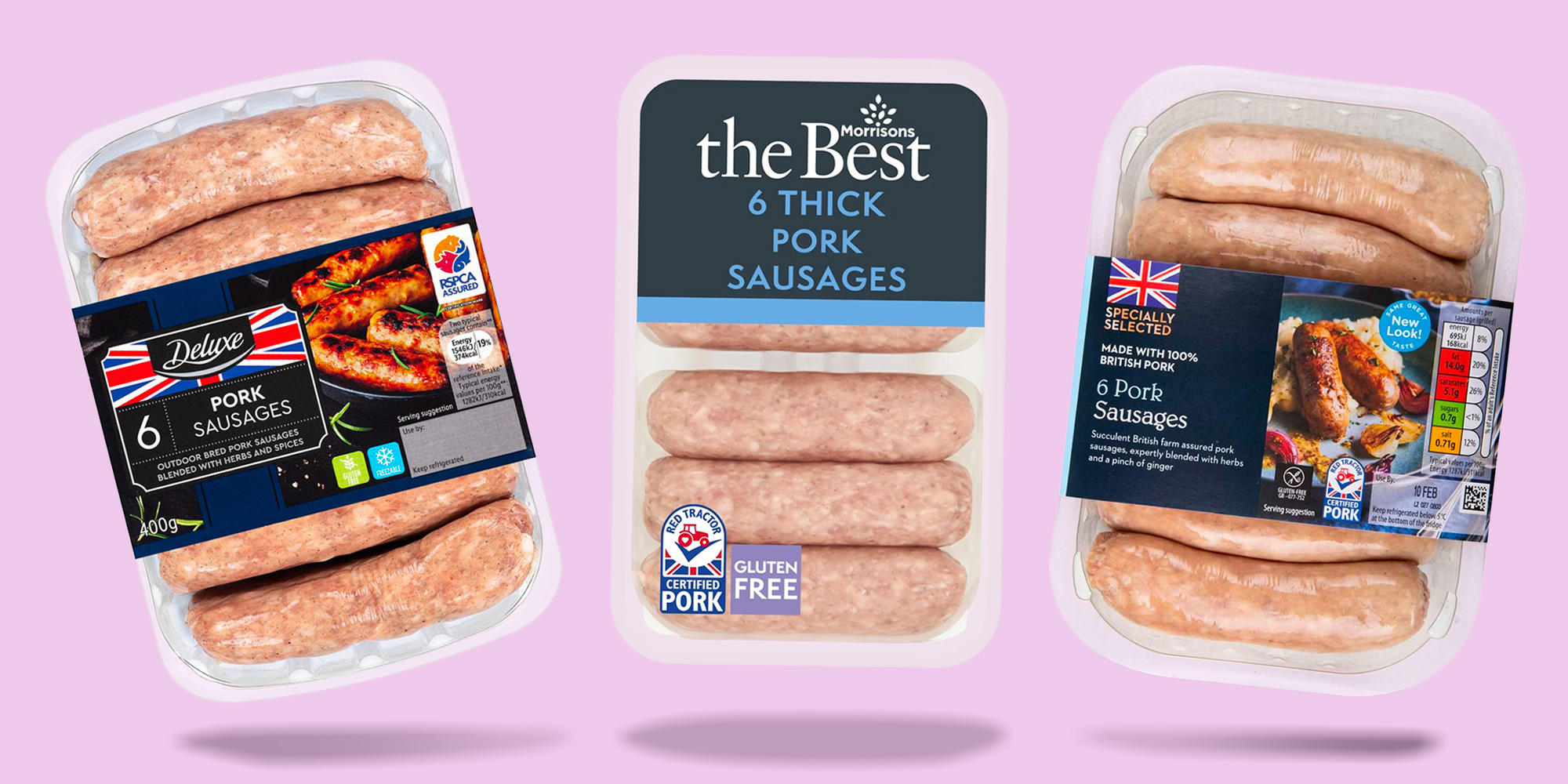 Three packs of pork sausages: Lidl, Morrisons and Aldi