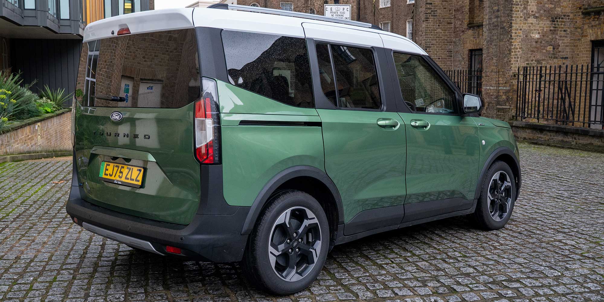 A rear quarter view of a Ford E-Tourneo Courier