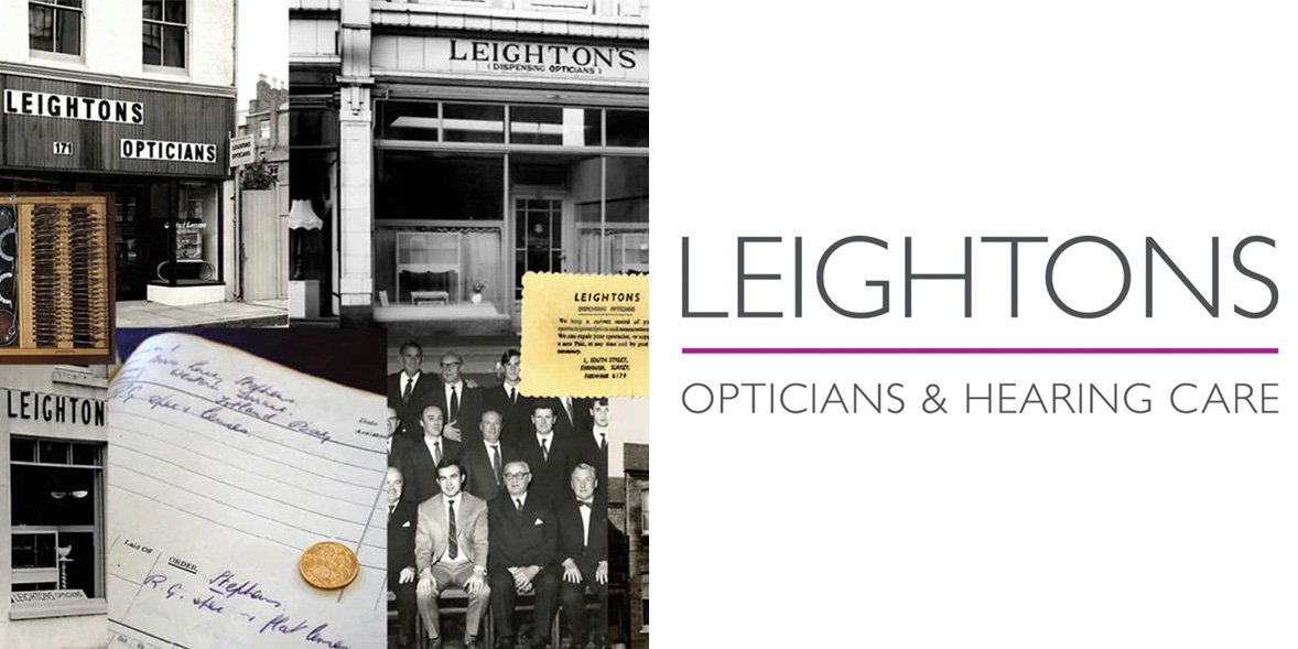 Historic photos of opticians alongside Leightons logo