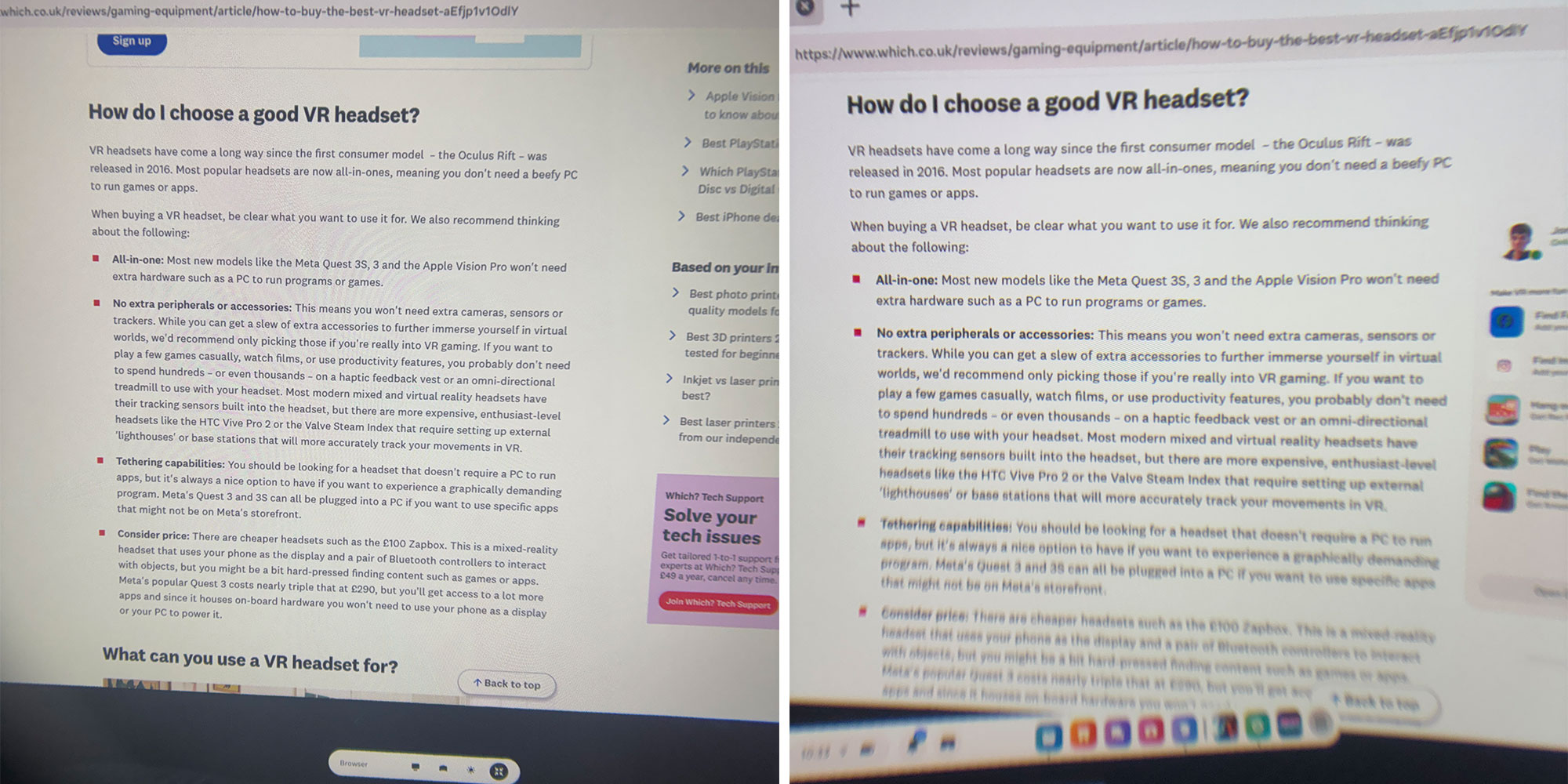 A side-by-side of images of the Which? website taken through the lenses of the headsets