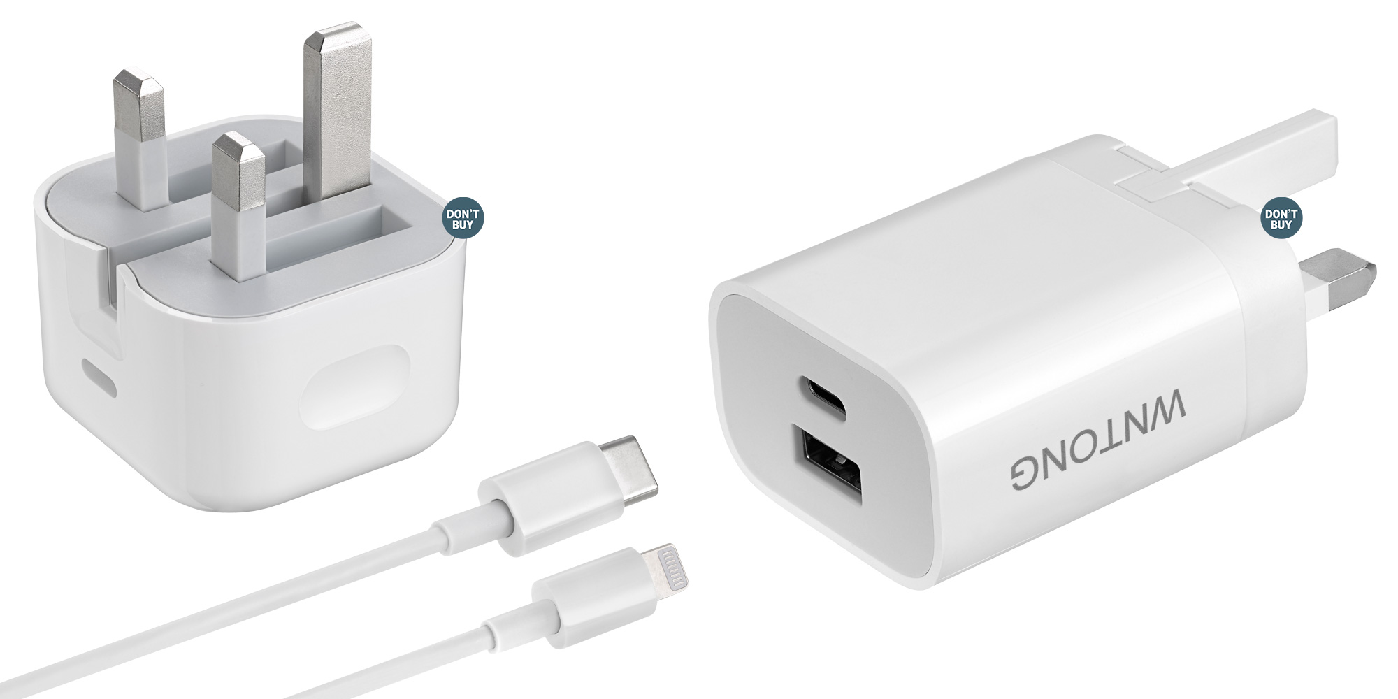 The Amazon charger on the left failed safety tests and was weighed down with a lump of metal inside.