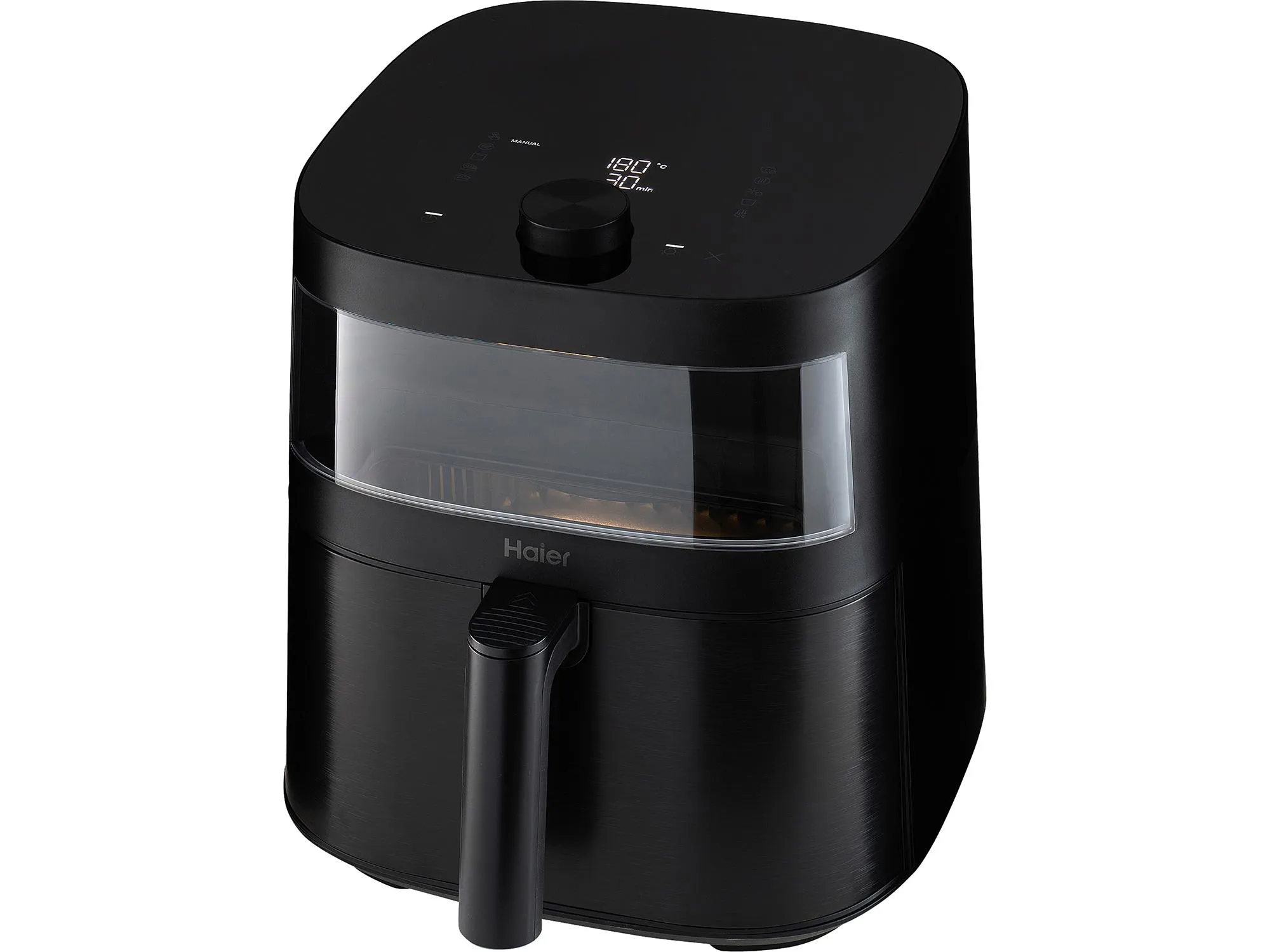 A high-angle studio shot shows a sleek, tall, square-shaped black Haier air fryer on a white background.